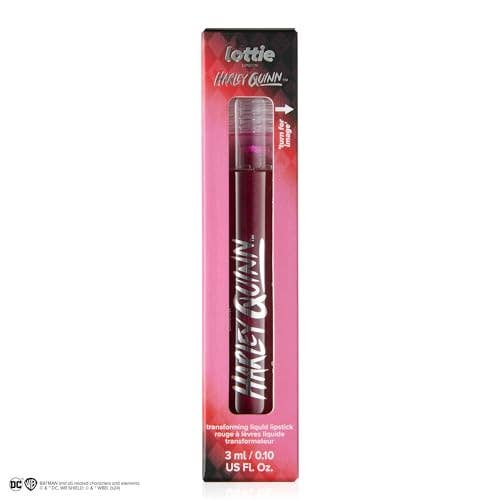 Lottie London x Harley Quinn Transforming Liquid Lipstick in Killin It, Transforming liquid lipstick with a metallic glitter finish in a deep berry shade - Caffeine Critical Caffeine Critical