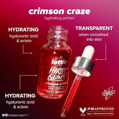 Lottie London x Harley Quinn Crimson Craze Primer, Hydrating crimson serum-primer that grips makeup for long-wear for a dewy glow finish - Caffeine Critical