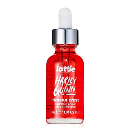 Lottie London x Harley Quinn Crimson Craze Primer, Hydrating crimson serum-primer that grips makeup for long-wear for a dewy glow finish - Caffeine Critical