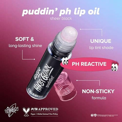 Lottie London x Harley Quinn Puddin’ pH Color Changing Lip Oil in Black, Nourishing lip oil to adapt to the natural pH in your lips for a unique flush of color - Caffeine Critical