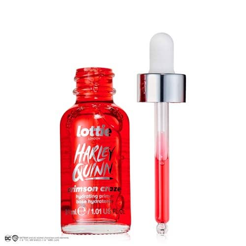 Lottie London x Harley Quinn Crimson Craze Primer, Hydrating crimson serum-primer that grips makeup for long-wear for a dewy glow finish - Caffeine Critical