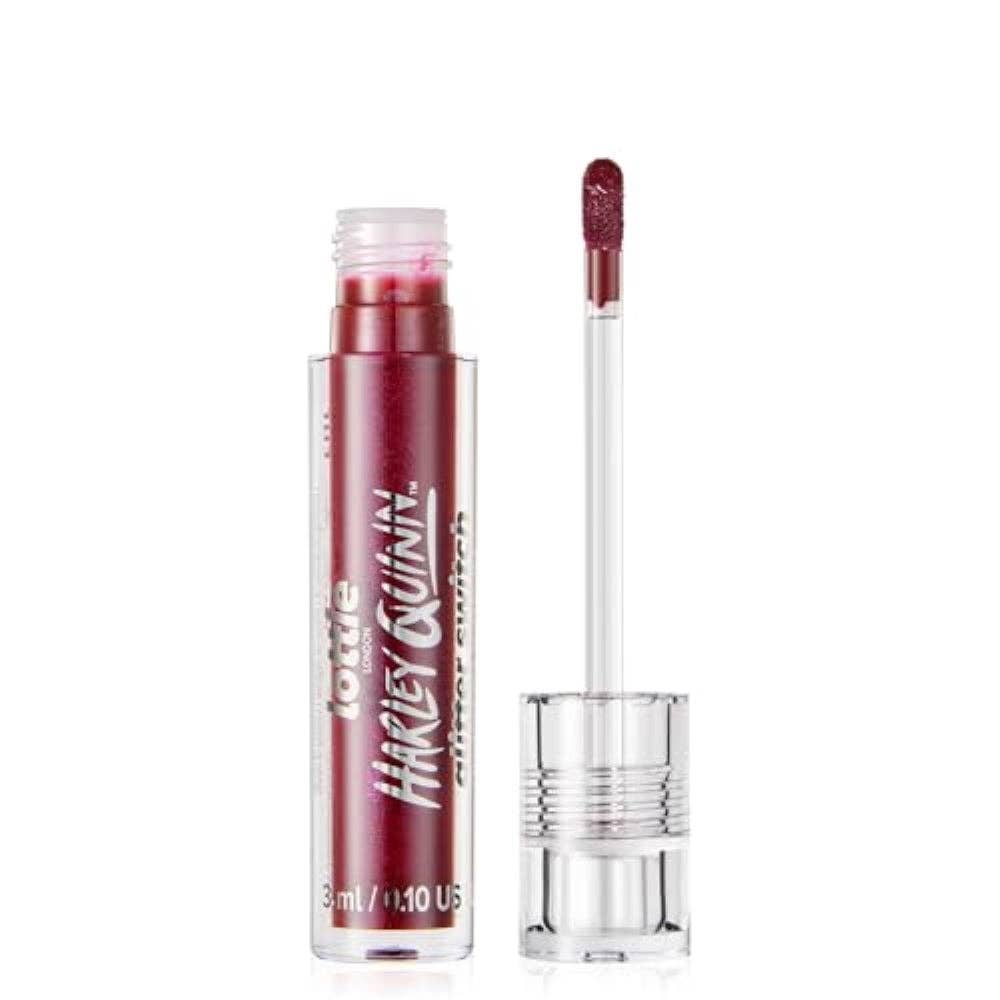 Lottie London x Harley Quinn Transforming Liquid Lipstick in Killin It, Transforming liquid lipstick with a metallic glitter finish in a deep berry shade - Caffeine Critical Caffeine Critical